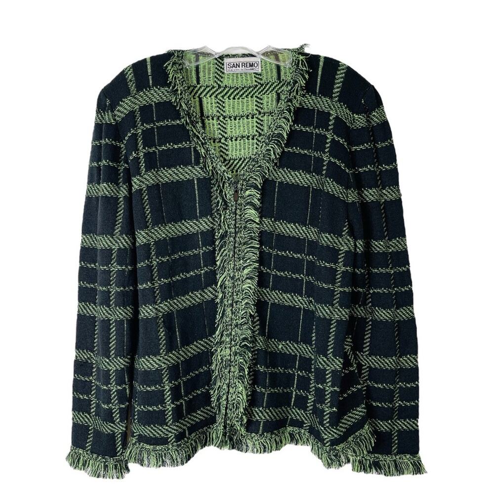 Vintage green black plaid fringe holiday preppy zip cardigan sweater XL